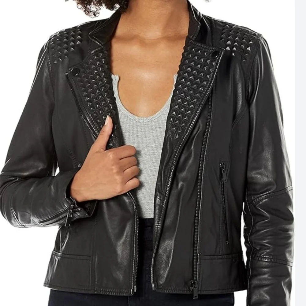 Slate and‎ Willow Women's Black Leather Jacket Textured Moto Chic Sz L